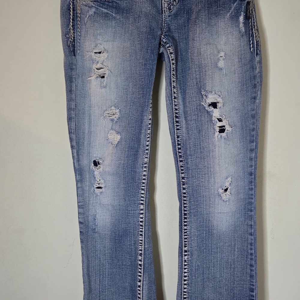 Silver Aiko Womens Sustainable Denim, Embroidered Pockets Disressed Sz W28L33‎